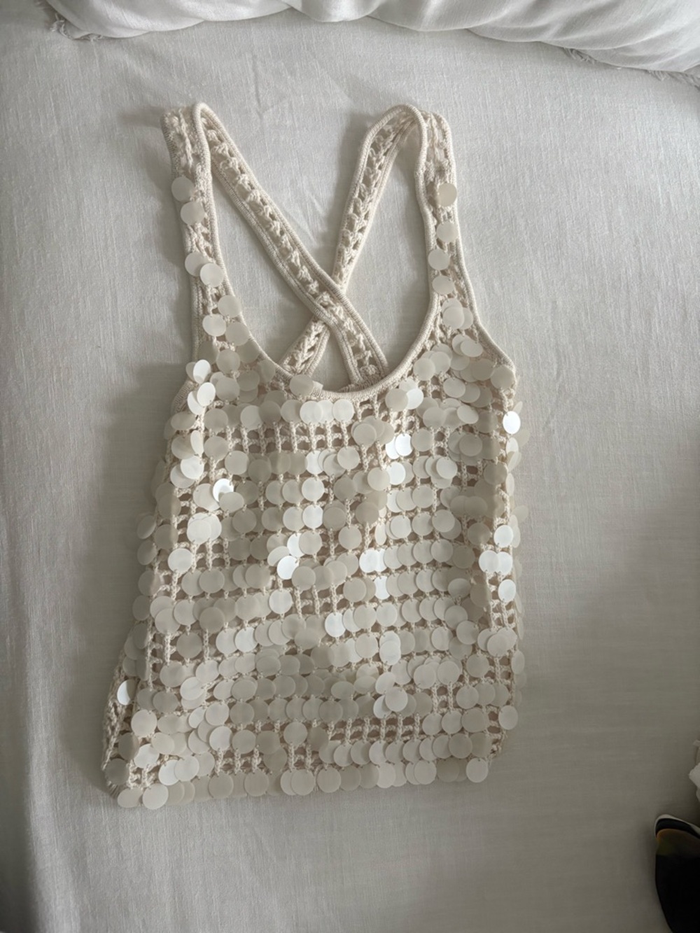Ivory Sequin Crochet Tank Top